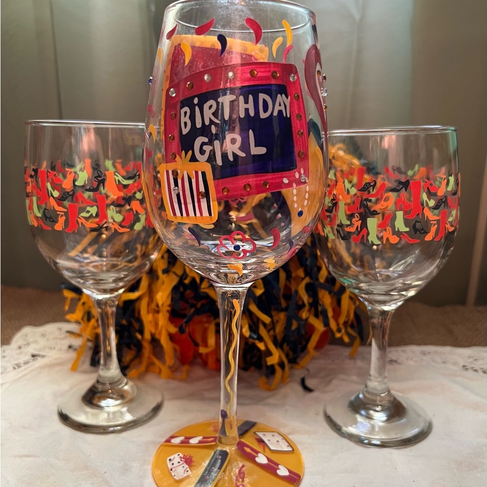 Birthday Girl Lolita Wine Glass and 2 “All about the Shoes” stemware Friends Set